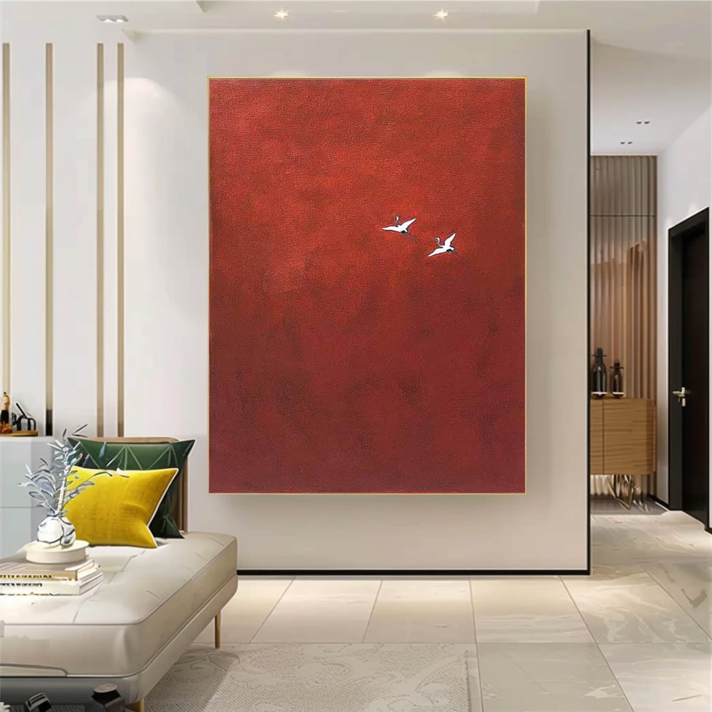 Elegant Red Minimalist Oil Painting with Birds in Flight for Modern Home Décor