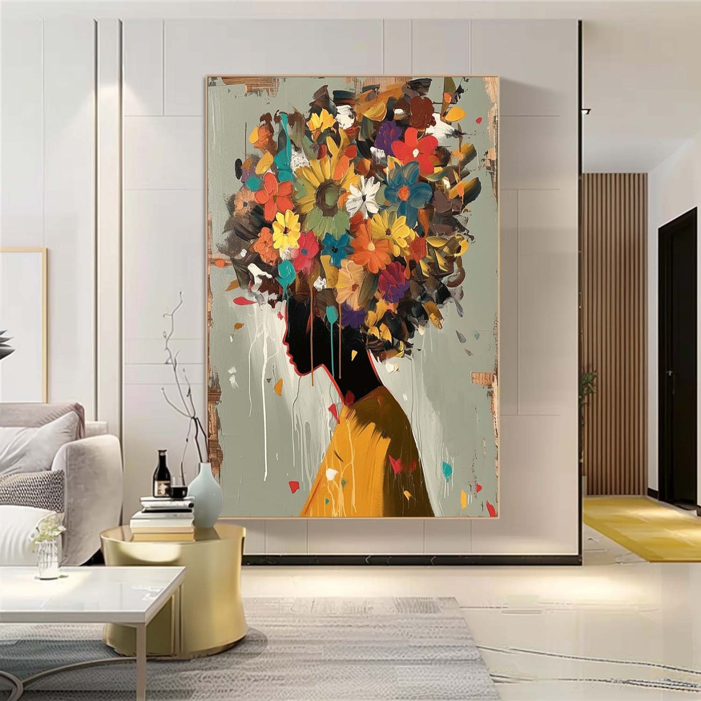 Vibrant Floral Woman Silhouette Oil Painting for Home Decor