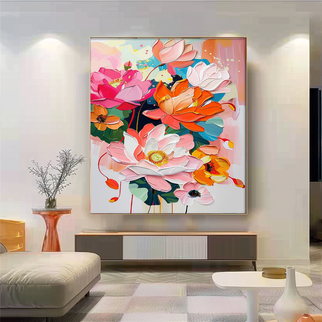 Vibrant Floral Oil Painting - Colorful Canvas Art for Home Decor and Wall Aesthetics