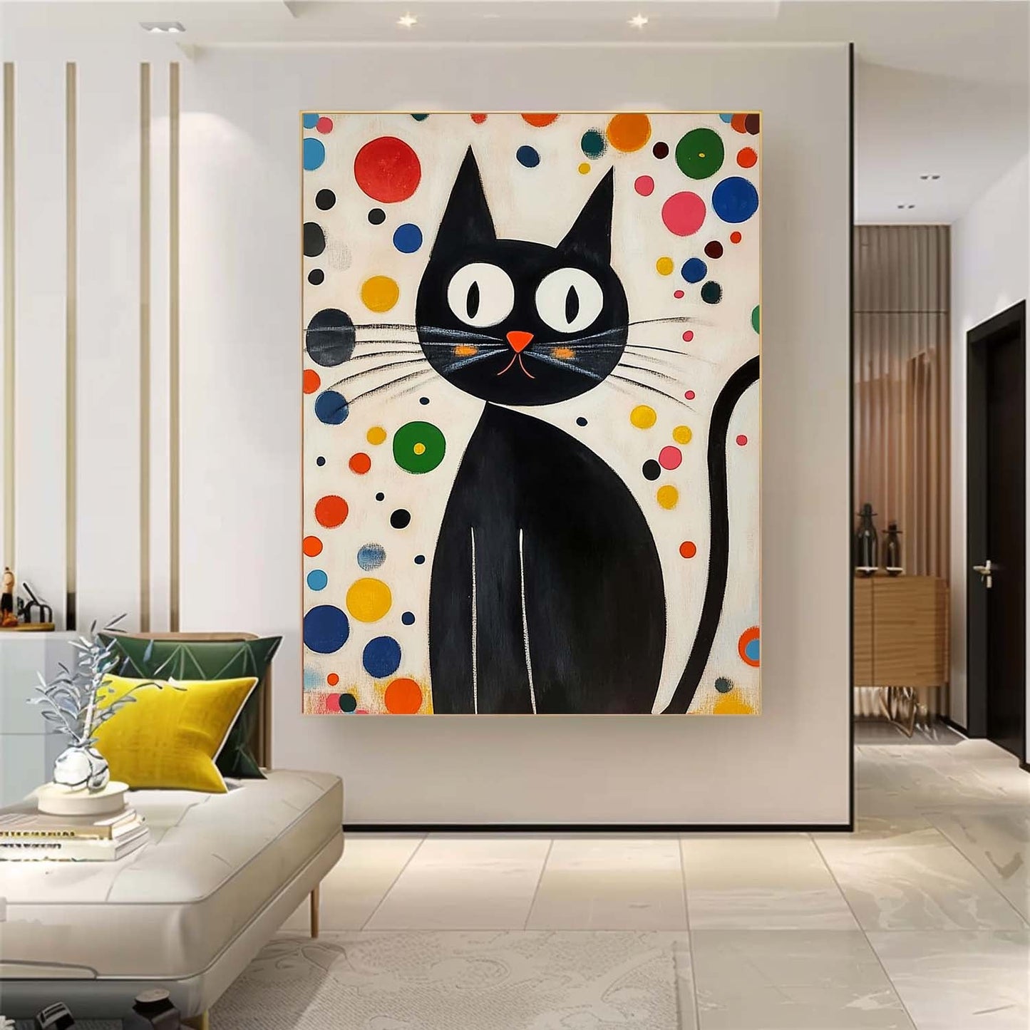 Whimsical Black Cat Oil Painting with Colorful Abstract Background