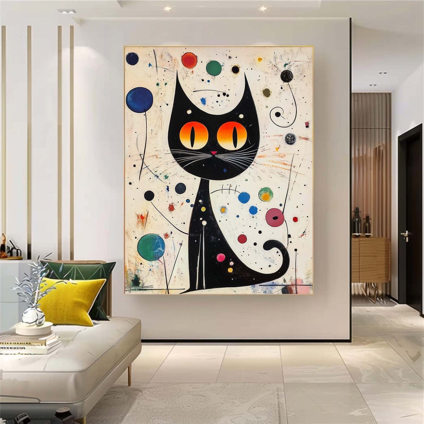 Whimsical Black Cat Oil Painting with Vibrant Colors and Abstract Elements