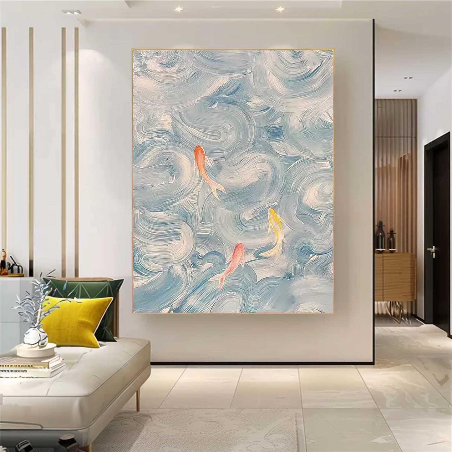 Tranquil Abstract Oil Painting with Colorful Fish in Flowing Waves