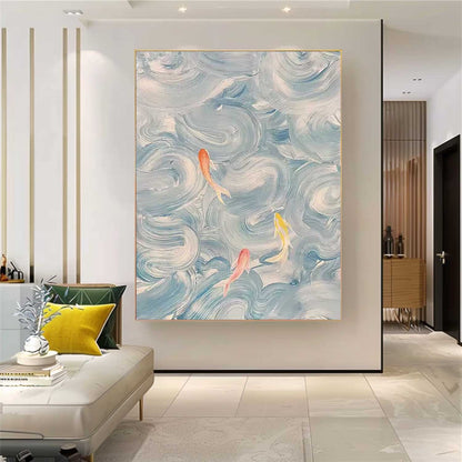 Tranquil Abstract Oil Painting with Colorful Fish in Flowing Waves