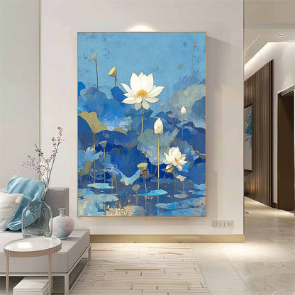 Tranquil Lotus Flowers Oil Painting on Vibrant Blue Canvas