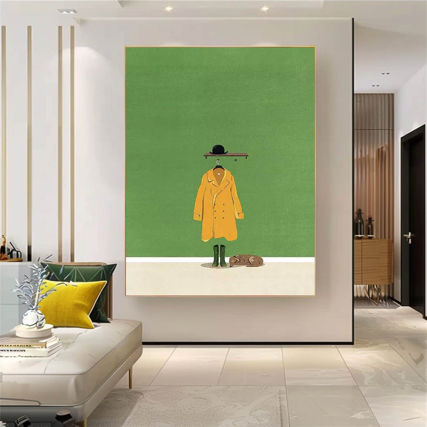 Charming Minimalist Oil Painting of Yellow Coat and Hat on Green Background