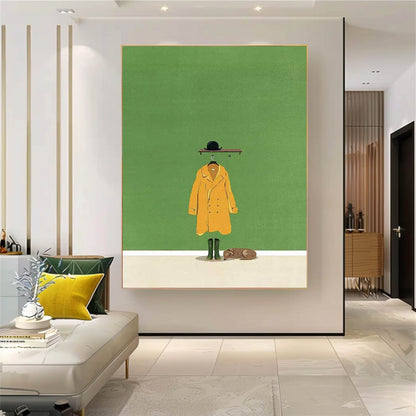 Charming Minimalist Oil Painting of Yellow Coat and Hat on Green Background