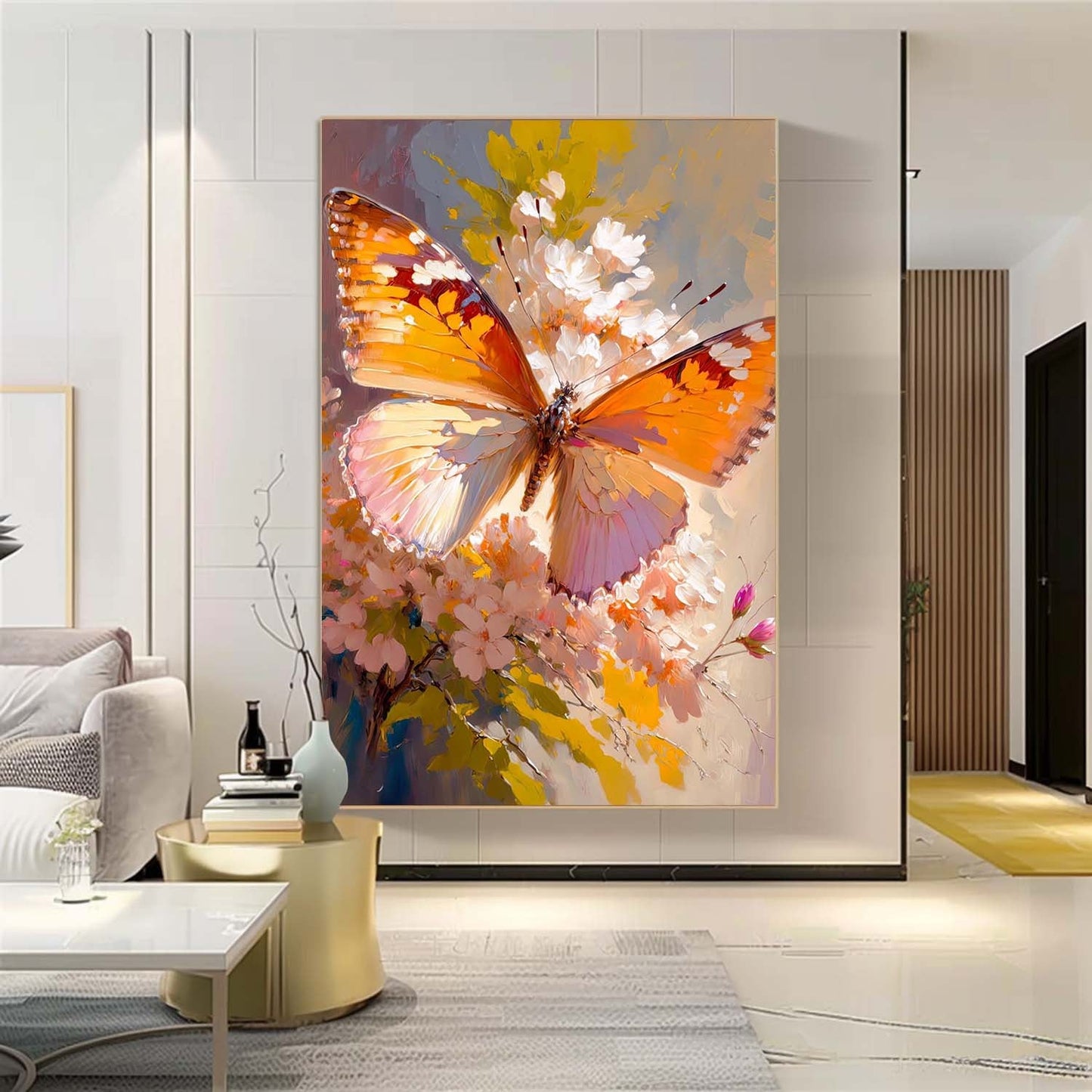 Vibrant Butterfly Oil Painting on Floral Background for Home Decor