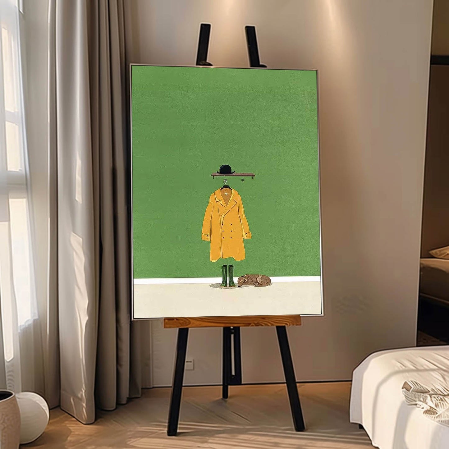 Charming Minimalist Oil Painting of Yellow Coat and Hat on Green Background