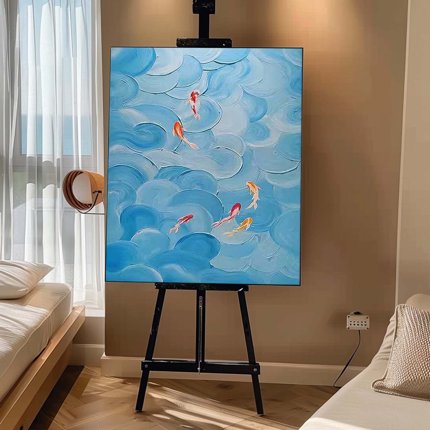 Whimsical Koi Fish Swimming in Teal Waves - Vibrant Abstract Oil Painting Art