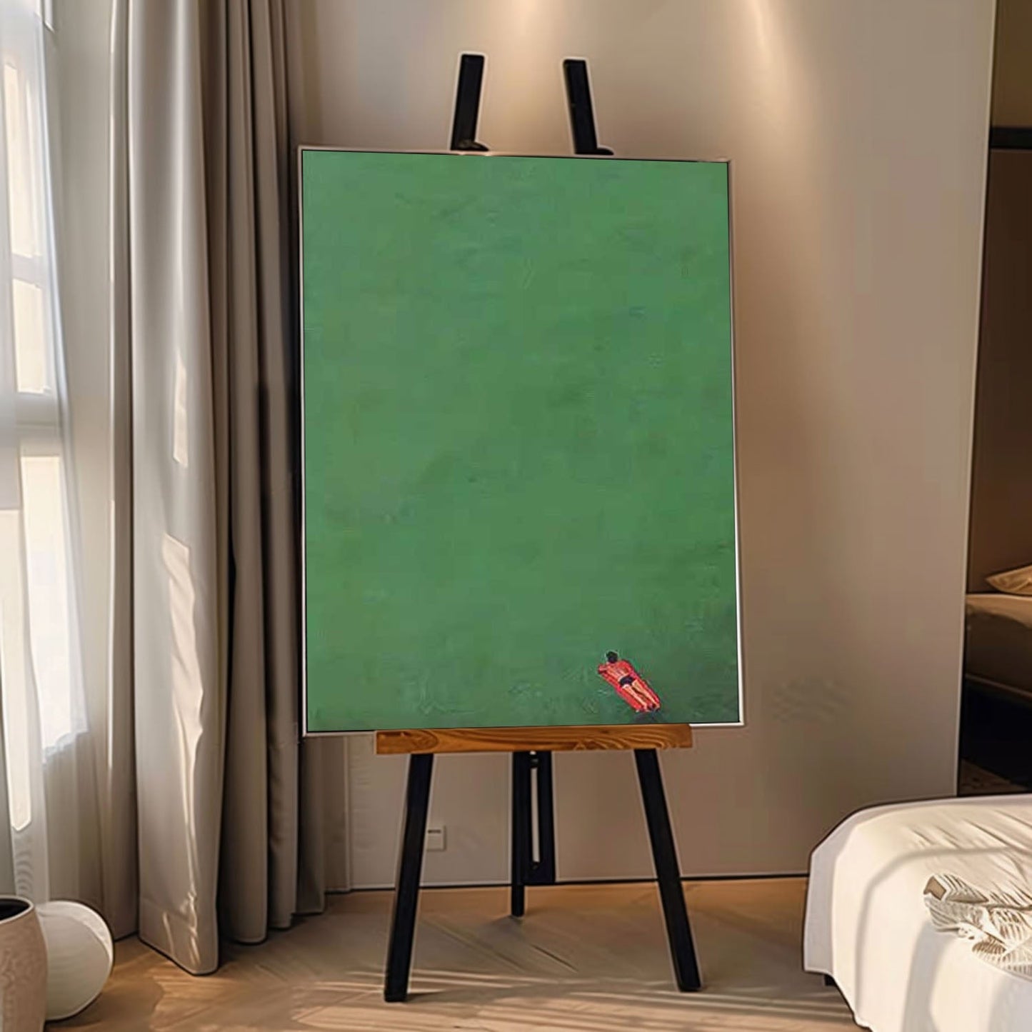 Serene Minimalist Oil Painting of a Figure in Tranquil Green Waters