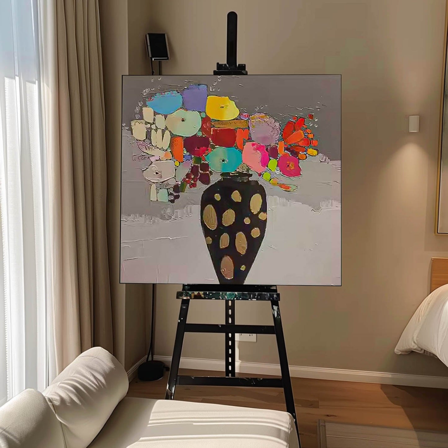 Vibrant Floral Still Life Oil Painting in Elegant Black Vase for Home Decor