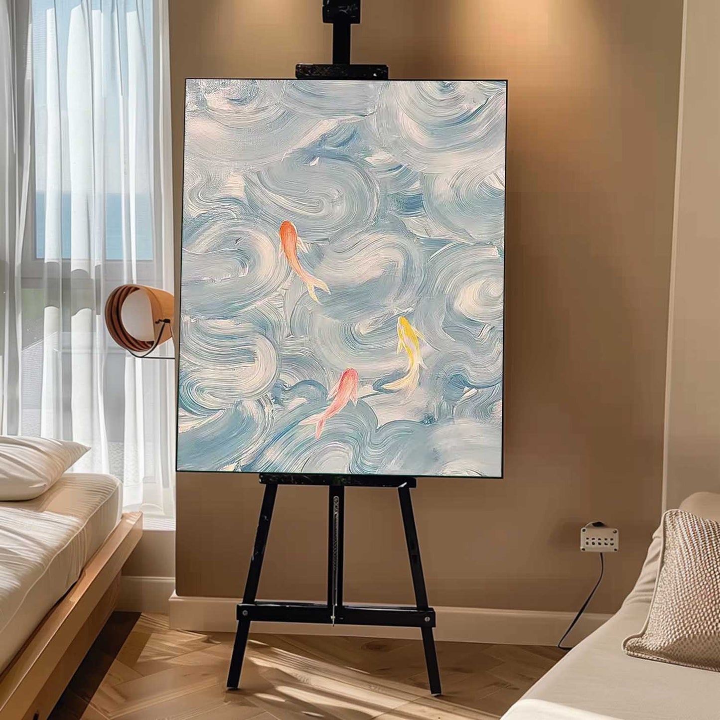Tranquil Abstract Oil Painting with Colorful Fish in Flowing Waves