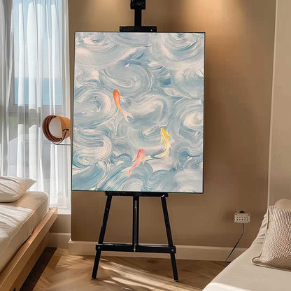 Tranquil Abstract Oil Painting with Colorful Fish in Flowing Waves