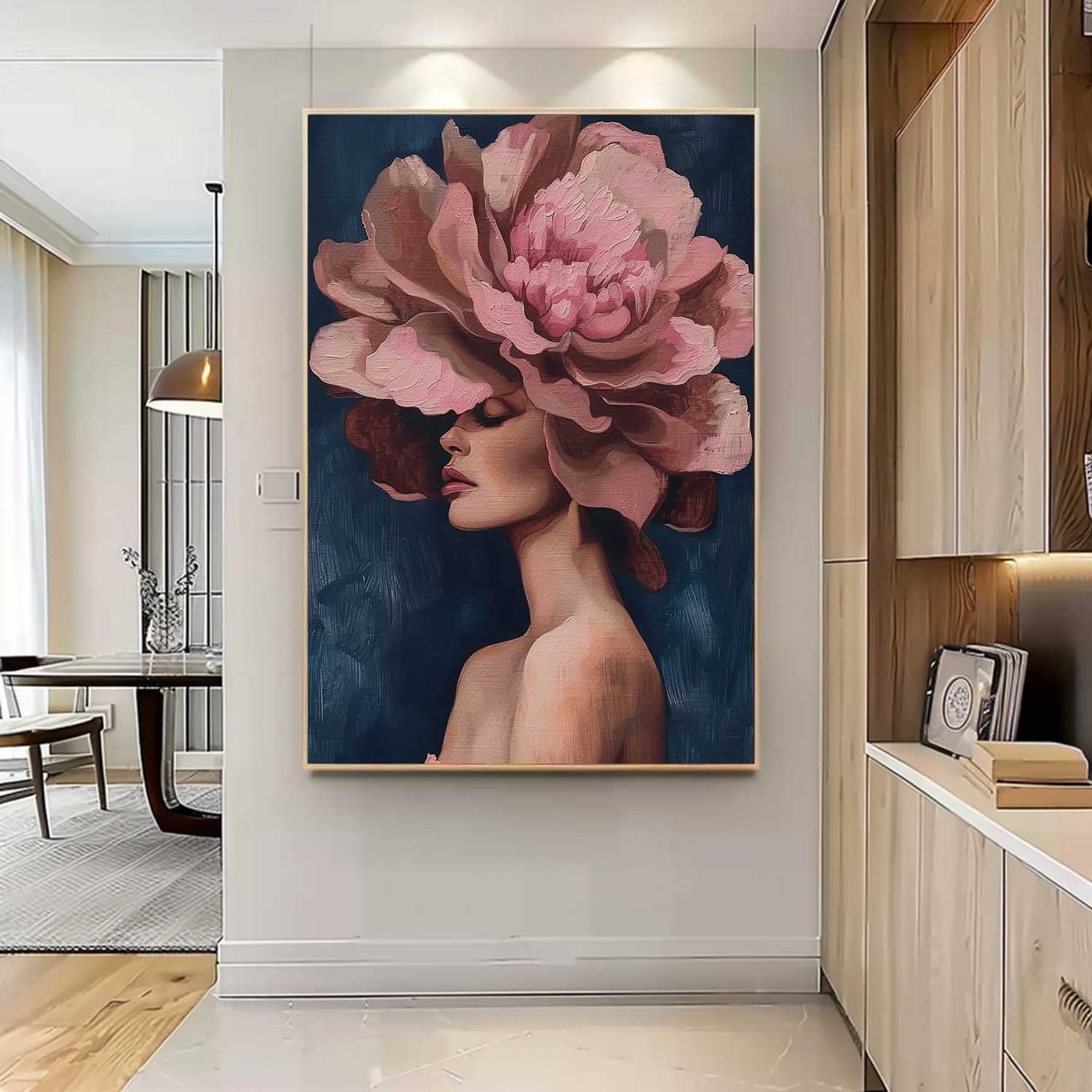 Elegant Floral Woman Portrait in Oil - Modern Canvas Art for Home Décor