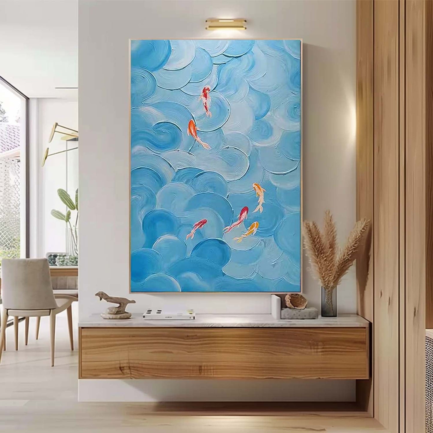Whimsical Koi Fish Swimming in Teal Waves - Vibrant Abstract Oil Painting Art