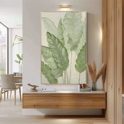 Tropical Green Leaf Oil Painting for Home Decor and Wall Art