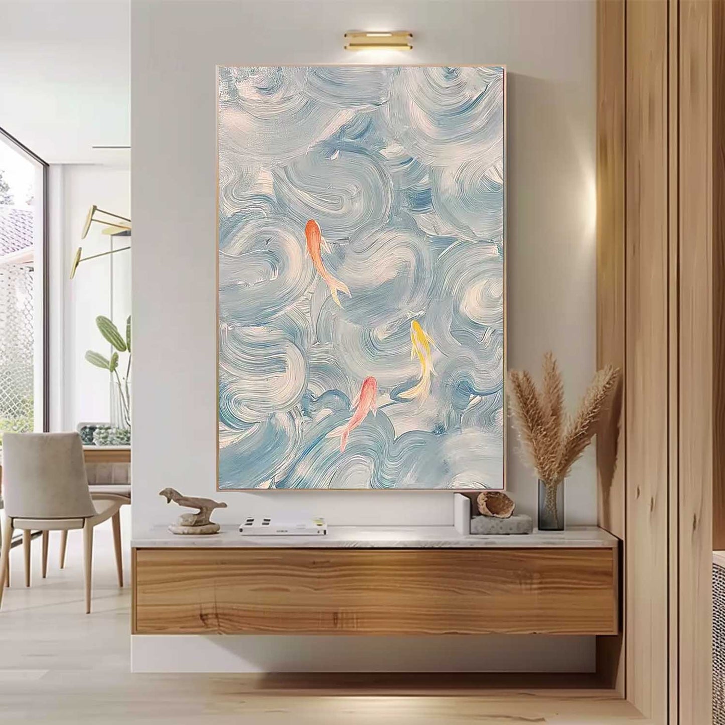 Tranquil Abstract Oil Painting with Colorful Fish in Flowing Waves