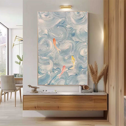Tranquil Abstract Oil Painting with Colorful Fish in Flowing Waves