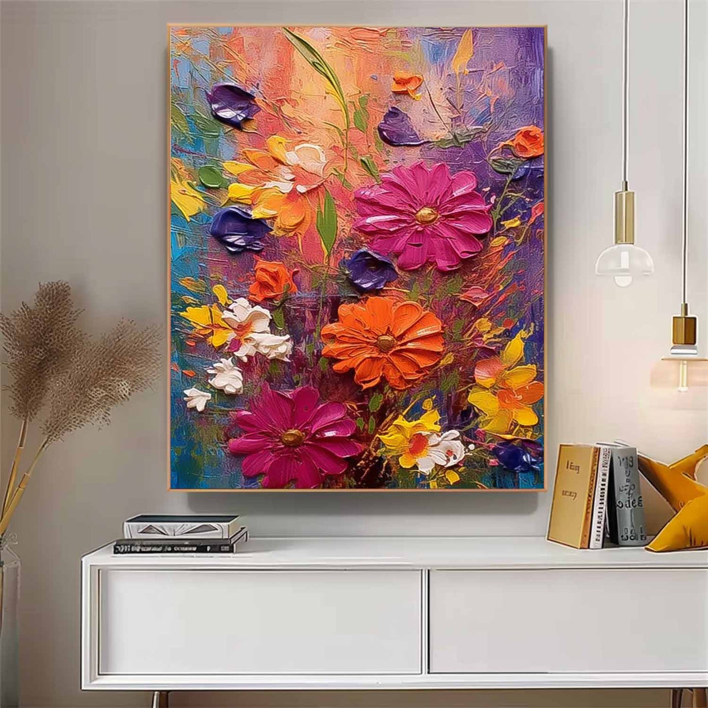 Vibrant Floral Oil Painting on Canvas - Colorful Nature Wall Art Decor