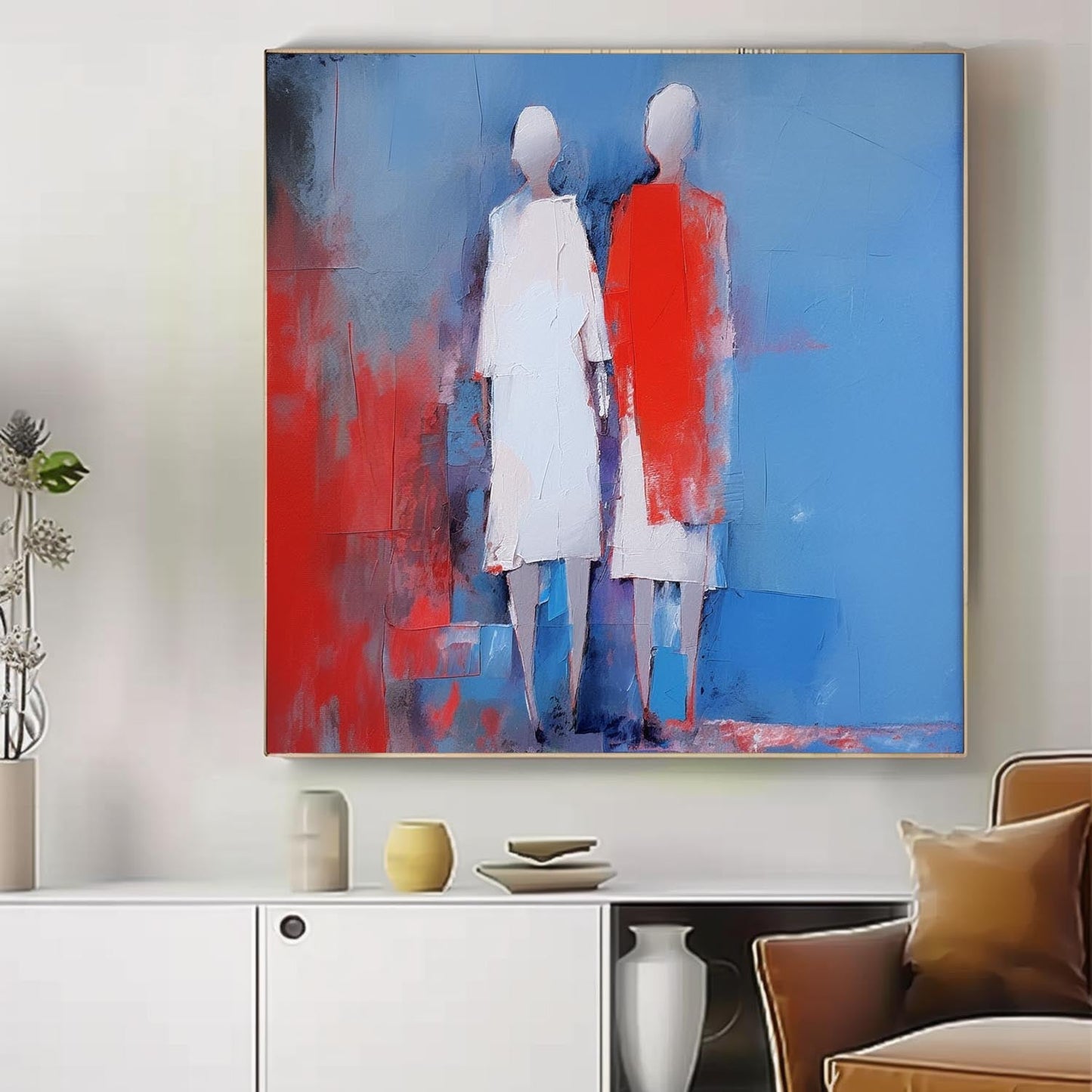 Abstract Oil Painting of Figures in Blue and Red - Modern Canvas Art for Home Decor