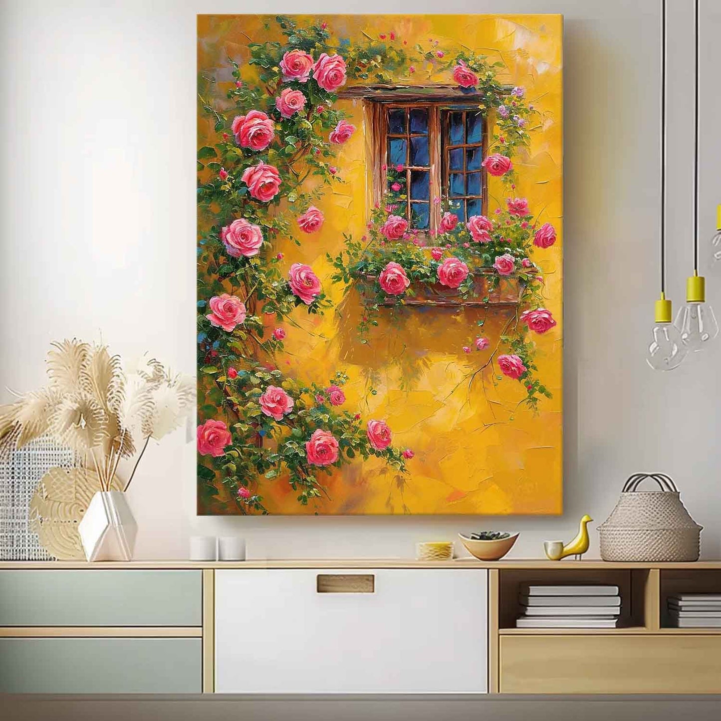 Vibrant Floral Window with Pink Roses and Yellow Wall Oil Painting