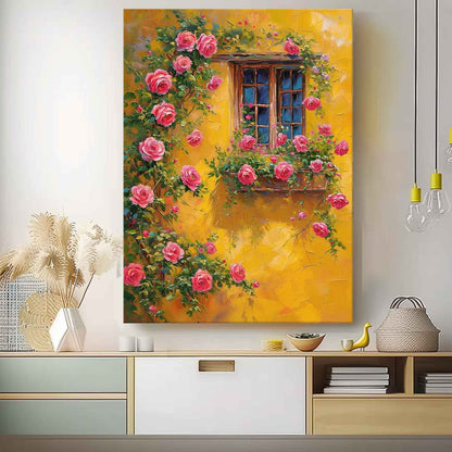 Vibrant Floral Window with Pink Roses and Yellow Wall Oil Painting