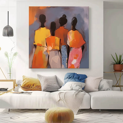 Colorful Abstract Oil Painting of Four Figures on Canvas