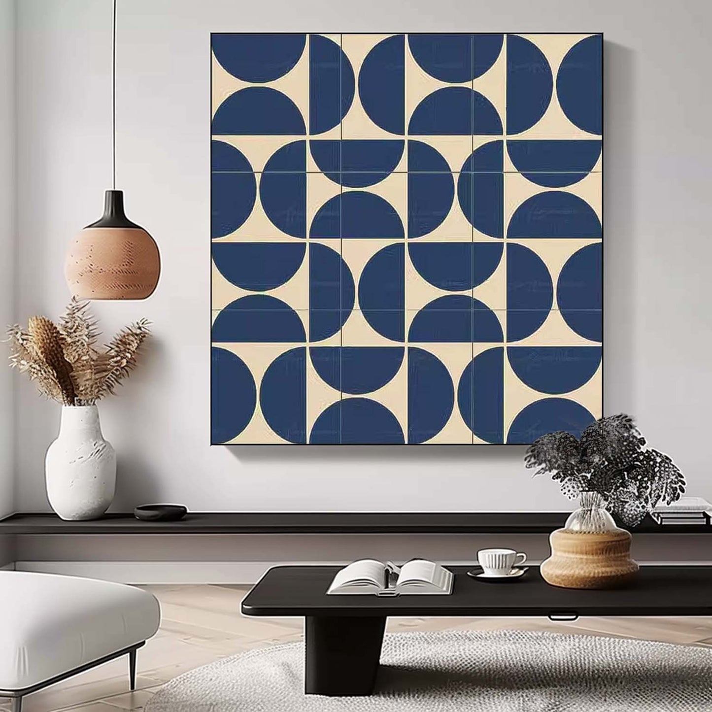 Navy and Beige Geometric Canvas Art for Modern Minimalist Interiors