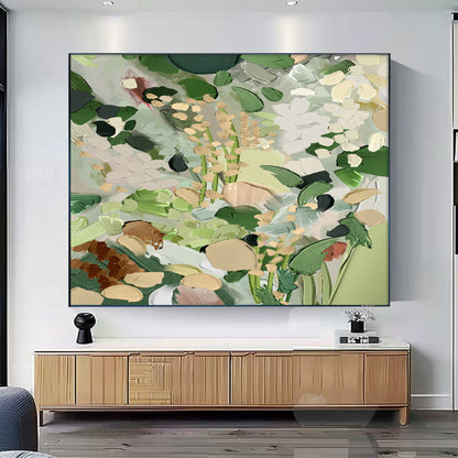 Botanical Elegance: Serene Green and White Floral Oil Painting for Home Decor