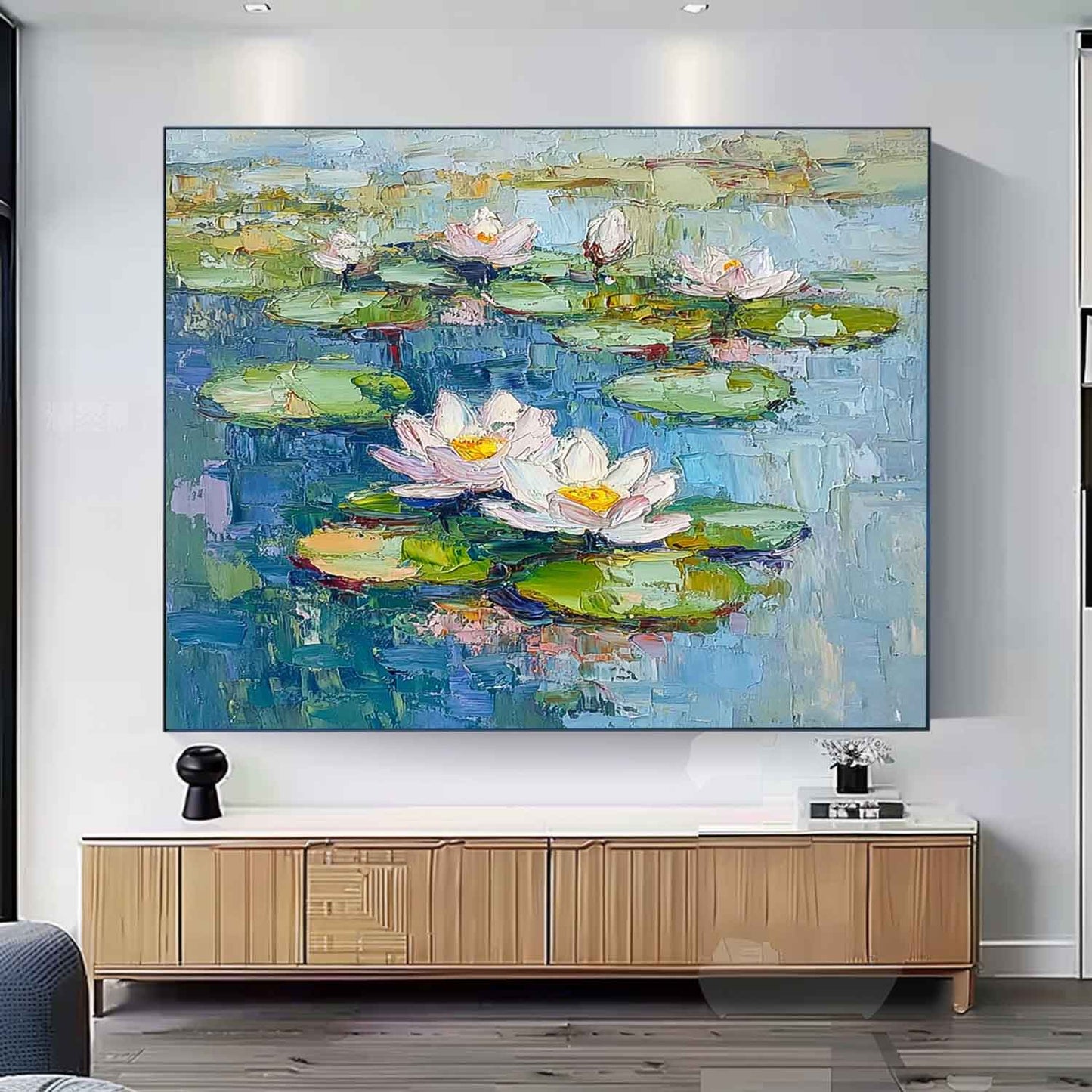 Vibrant Lotus Flowers on Tranquil Water – Handmade Oil Painting for Home Decor