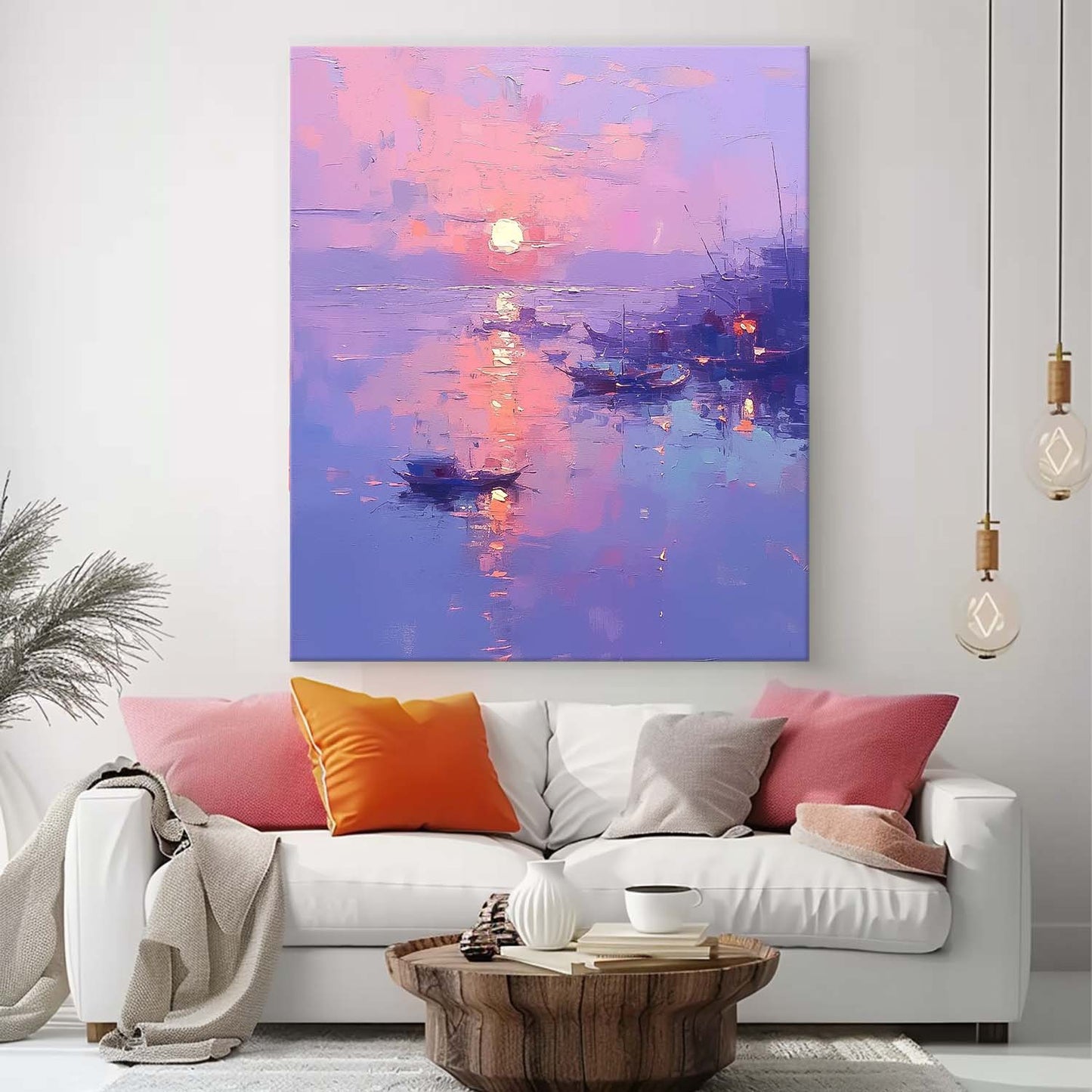 Serene Sunset Over Water: Vibrant Oil Painting of Boats and Reflections
