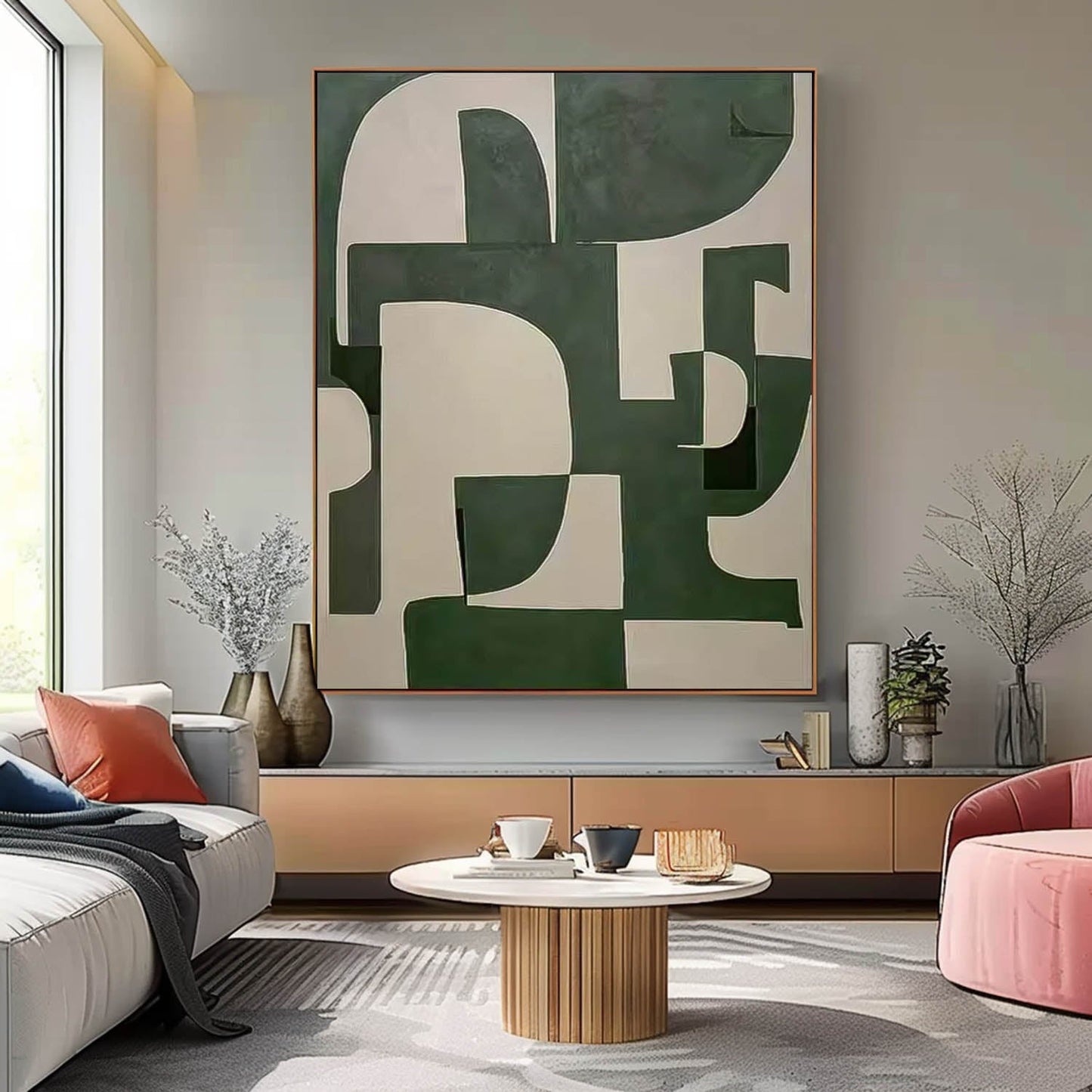 Abstract Green and White Minimalist Oil Painting for Modern Home Decor