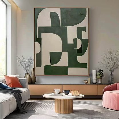 Abstract Green and White Minimalist Oil Painting for Modern Home Decor