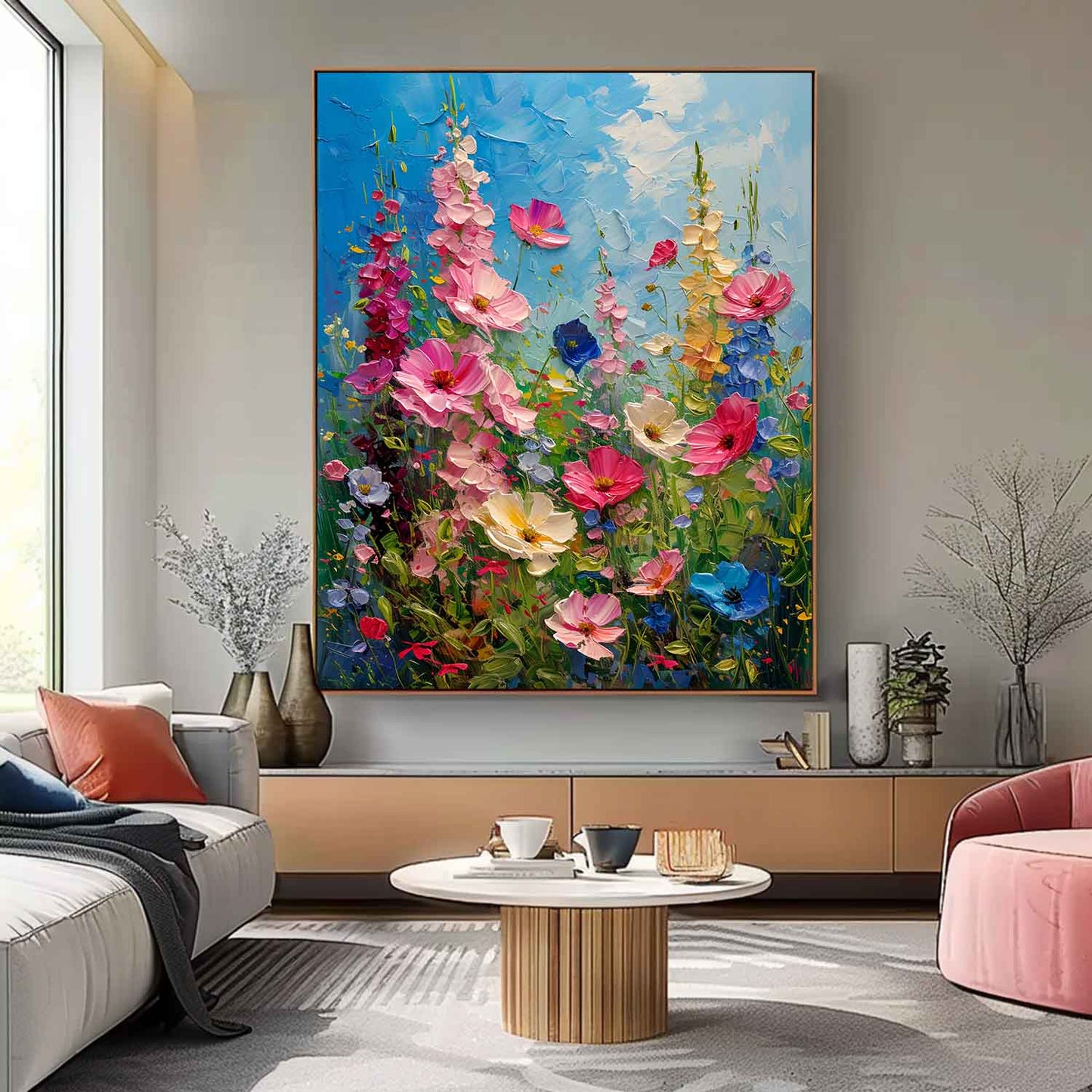Vibrant Blooming Flower Field Oil Painting on Canvas for Home Decor