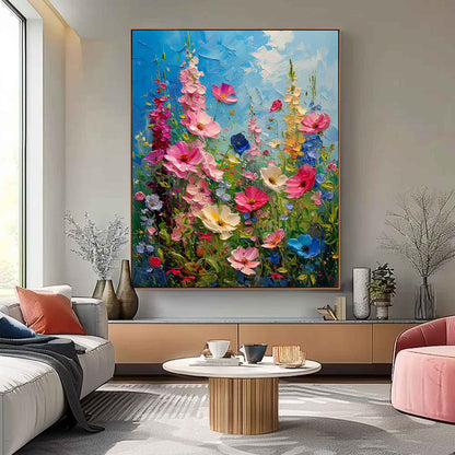 Vibrant Blooming Flower Field Oil Painting on Canvas for Home Decor