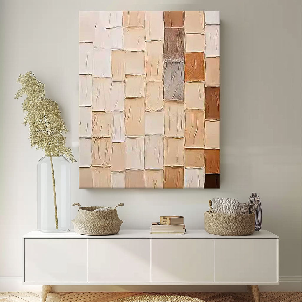 Abstract Geometric Oil Painting in Earthy Tones for Modern Home Decor