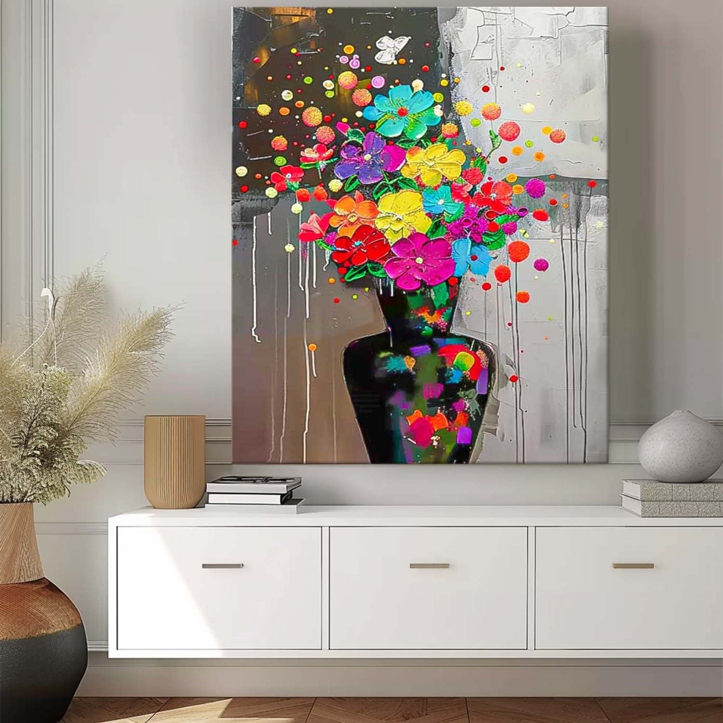 Vibrant Floral Oil Painting on Canvas - Colorful Bouquet Home Decor Art