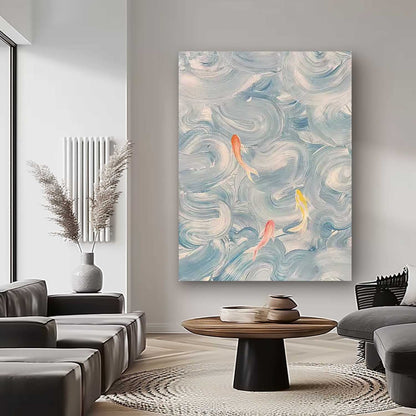 Tranquil Abstract Oil Painting with Colorful Fish in Flowing Waves