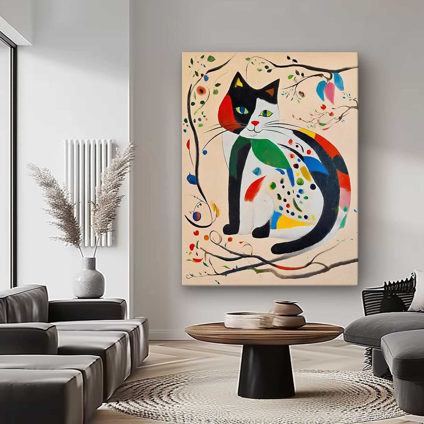 Whimsical Cat Oil Painting with Colorful Abstract Floral Accents