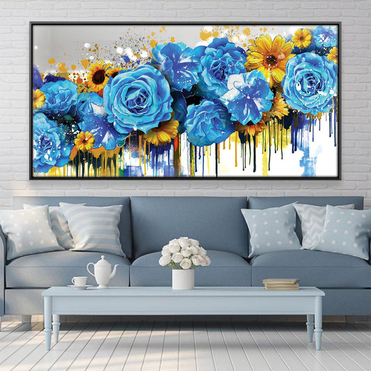 Vibrant Blue Floral Art with Colorful Drips for Modern Home Decor