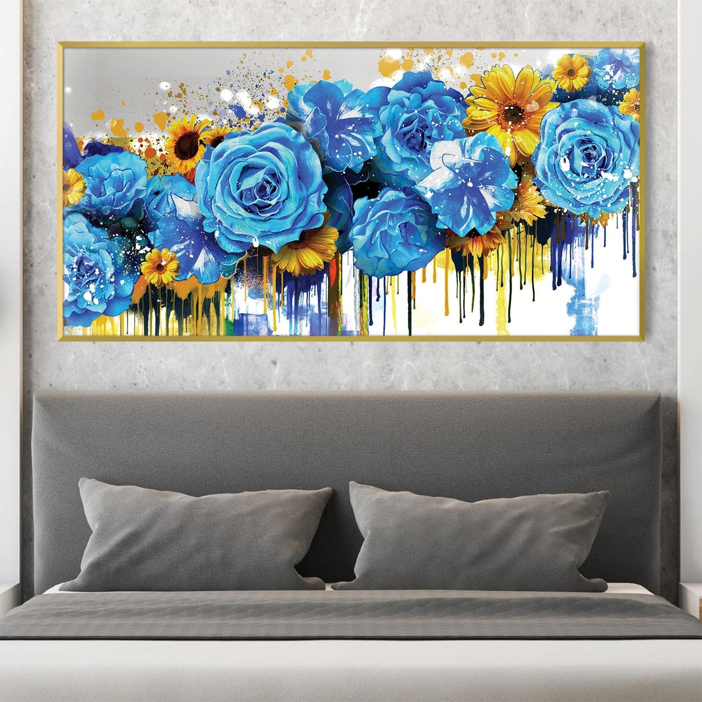 Vibrant Blue Floral Art with Colorful Drips for Modern Home Decor