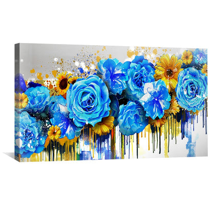 Vibrant Blue Floral Art with Colorful Drips for Modern Home Decor