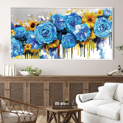 Vibrant Blue Floral Art with Colorful Drips for Modern Home Decor