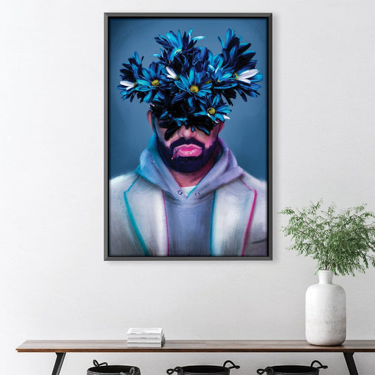 Floral Fusion Portrait: Vibrant Blues and Bold Expression