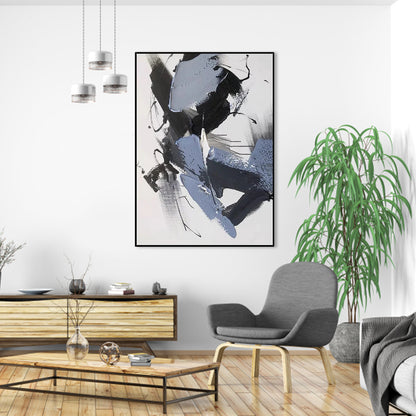 Contemporary Abstract Oil Painting in Blue and Black for Modern Home Decor