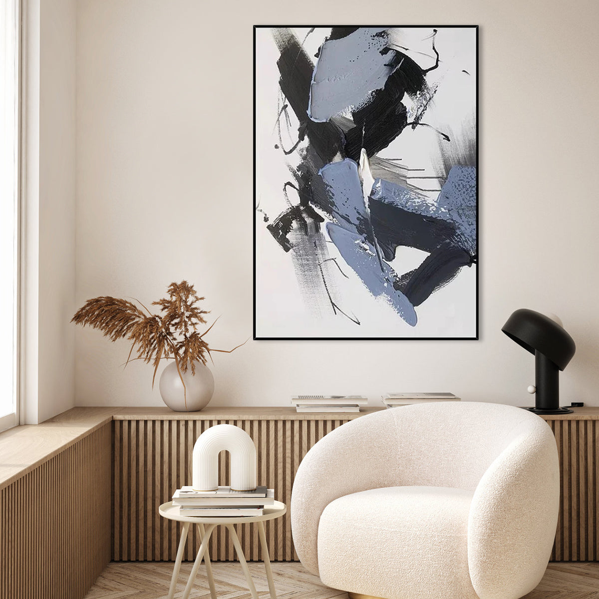 Contemporary Abstract Oil Painting in Blue and Black for Modern Home Decor