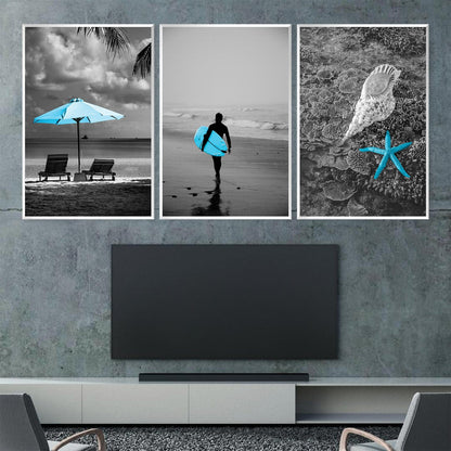 Coastal Serenity: Vibrant Blue Beach Scene Oil Painting for Home Decor
