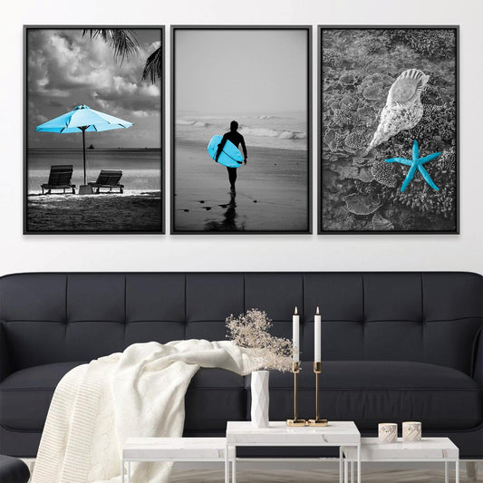 Coastal Serenity: Vibrant Blue Beach Scene Oil Painting for Home Decor
