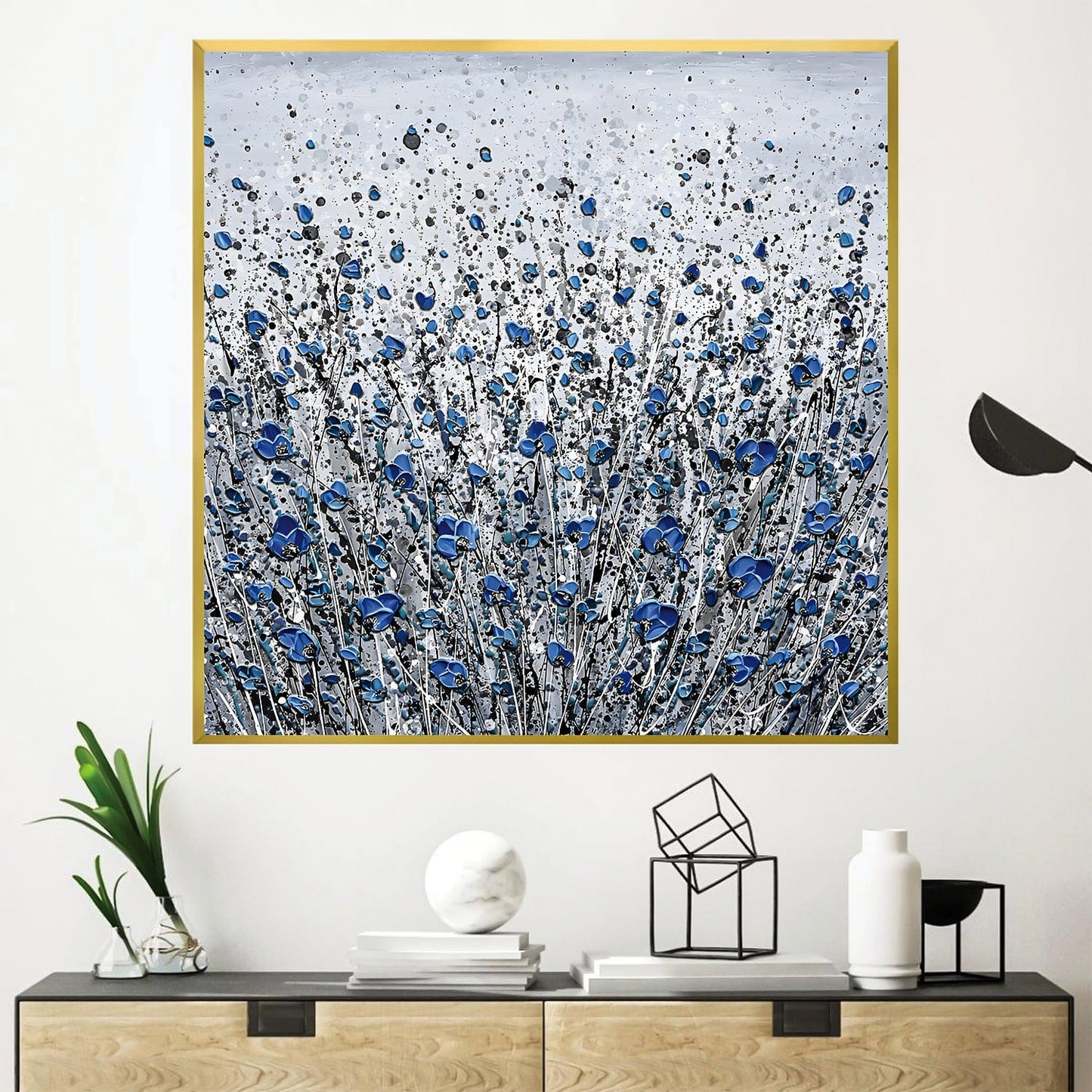 Vibrant Blue Floral Canvas Art - Elegant Abstract Oil Painting for Home Decor