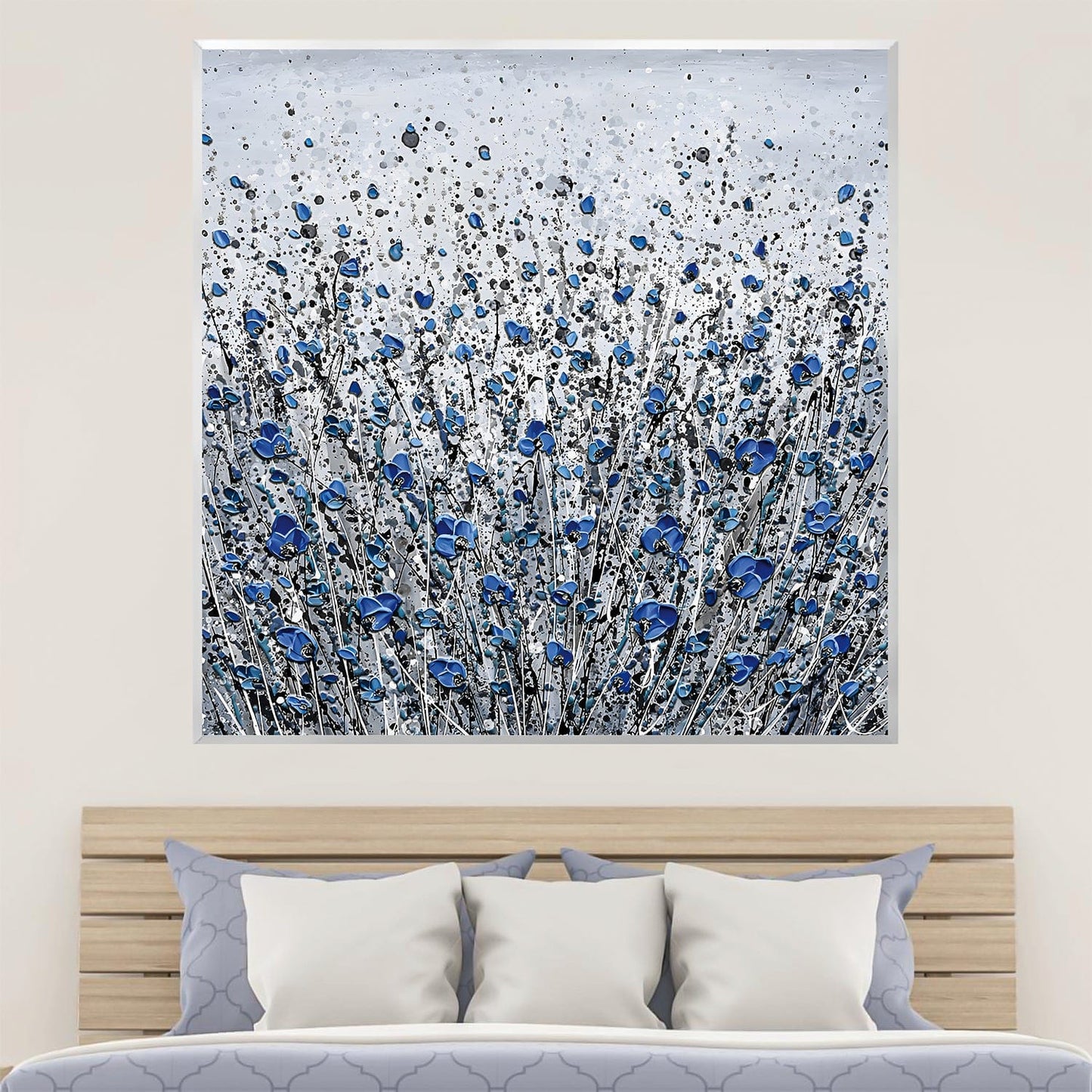 Vibrant Blue Floral Canvas Art - Elegant Abstract Oil Painting for Home Decor